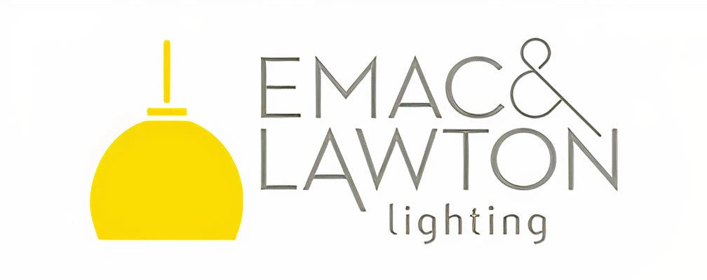 Emac & Lawton logo featuring a bright yellow dome pendant light icon next to grey text on a white background