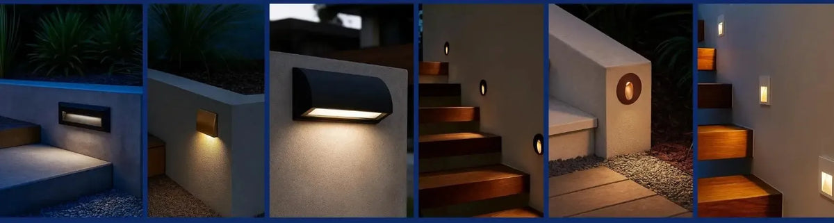 Modern black and metallic recessed step lights mounted on rendered outdoor walls and timber staircases at night