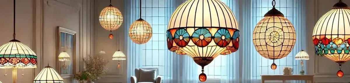 Tiffany pendant lights with colourful stained glass patterns and bronze hardware hanging in a bright living room