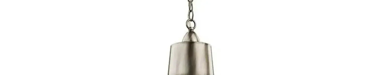 Brushed nickel bell pendant light with a matching metal chain suspension against a plain white background