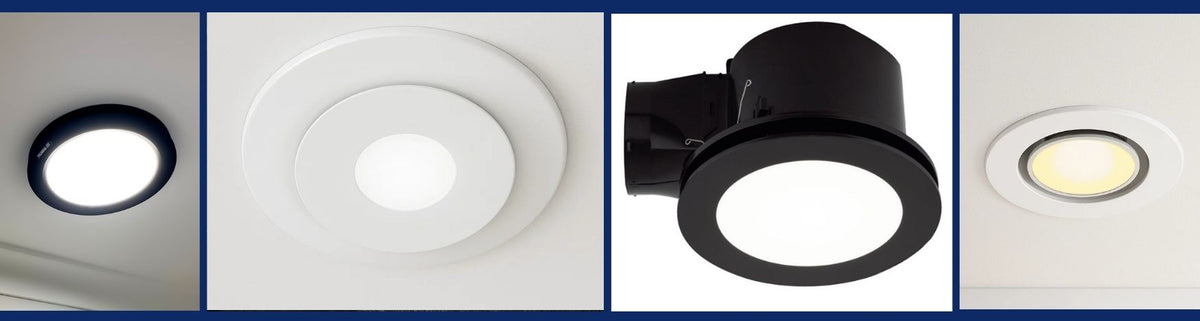 Round black and white 2-in-1 exhaust fans with flush ceiling mounts and integrated LED light panels