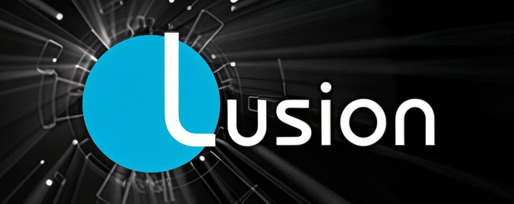 Lusion Lighting logo featuring a bright blue circle and white text against a dark background with radiating light beams
