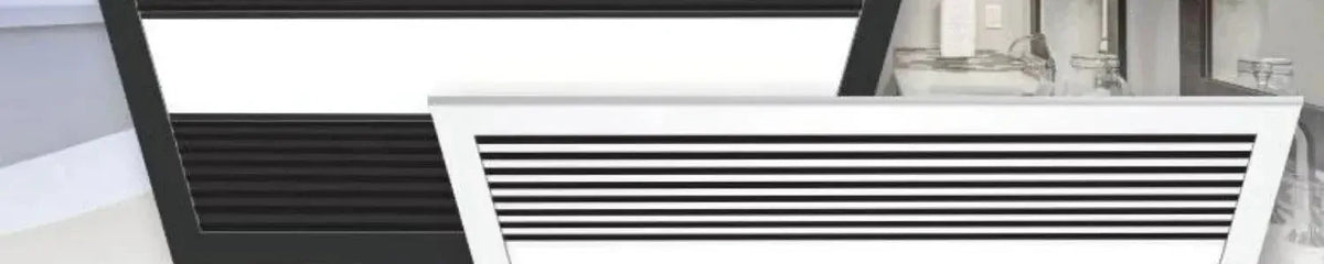 Rectangular ceiling ventilation units with matte black and white frames featuring horizontal slatted grilles