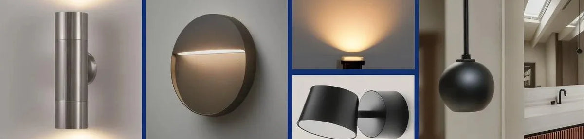 Modern wall and pendant lights in brushed metal and matte black finishes featuring cylindrical, round, and adjustable designs
