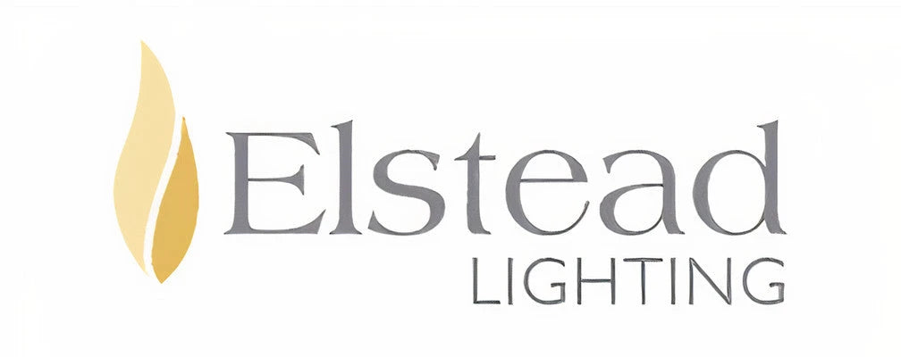 Elstead Lighting logo featuring grey serif text and a stylised golden flame icon on a white background