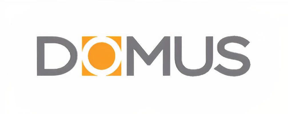Domus Lighting logo featuring grey sans serif text with a bright orange circular icon replacing the letter O