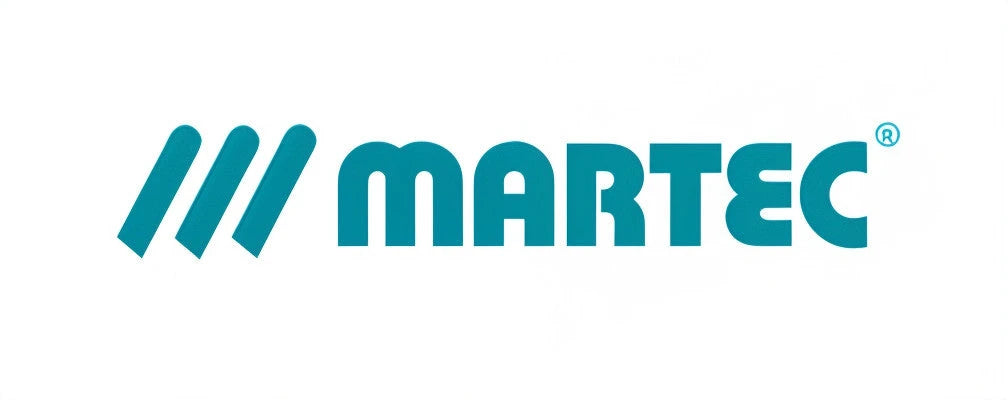 Teal Martec brand logo featuring three slanted parallel bars next to bold sans serif text on a white background