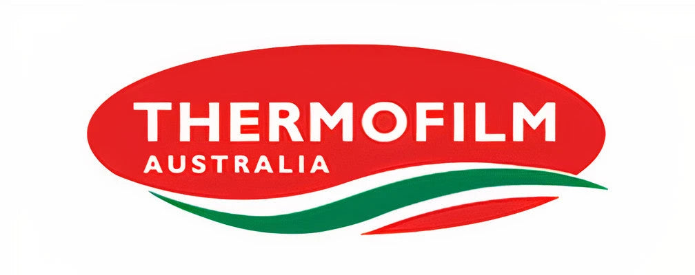 Thermofilm Australia logo featuring white text on a red oval background with green and white swoosh accents