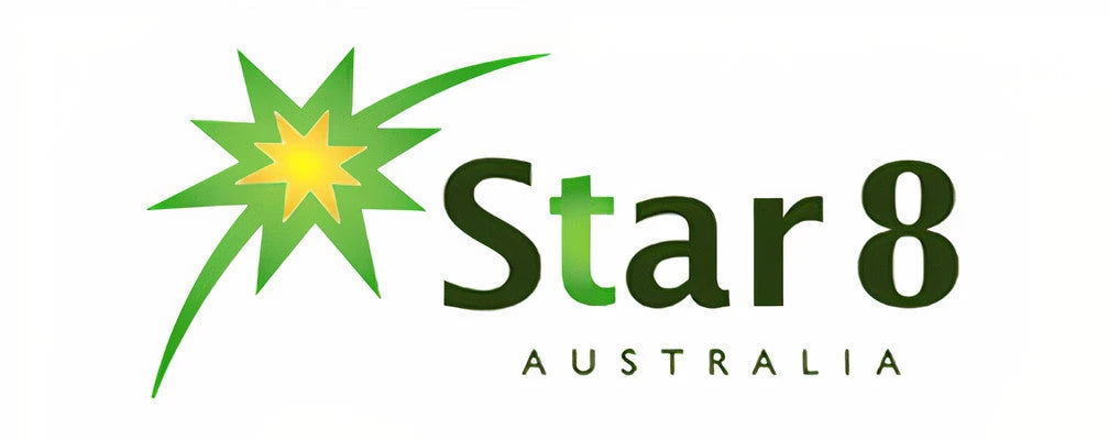 Star 8 Australia logo featuring a green star icon with a yellow centre next to dark green text on a white background