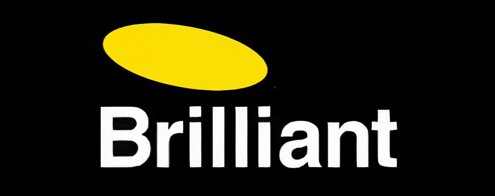 Brilliant brand logo featuring a yellow oval shape above white text on a black background