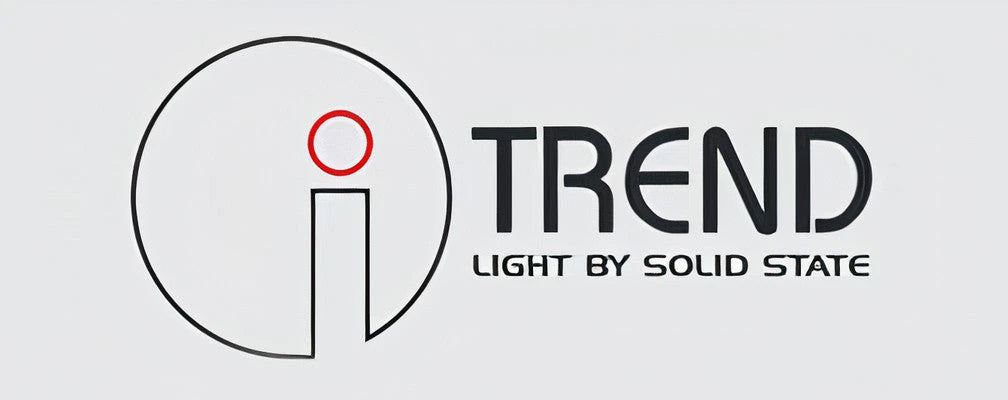 Trend Lighting logo featuring a circular icon with a red ring and black text on a light grey background
