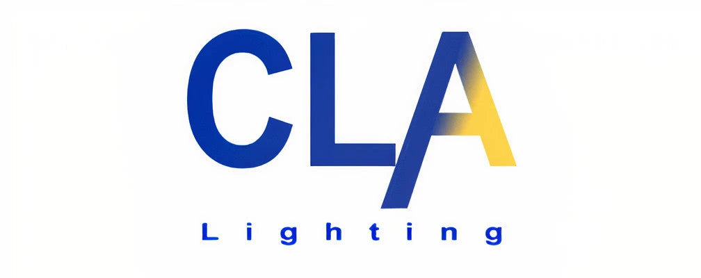 CLA Lighting logo with blue lettering transitioning to a yellow gradient on a clean white background