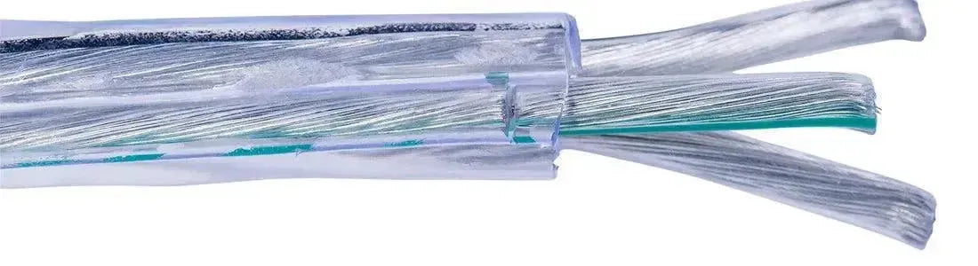 Clear flexible casing housing multi-strand silver wires with a visible green internal conductor strip