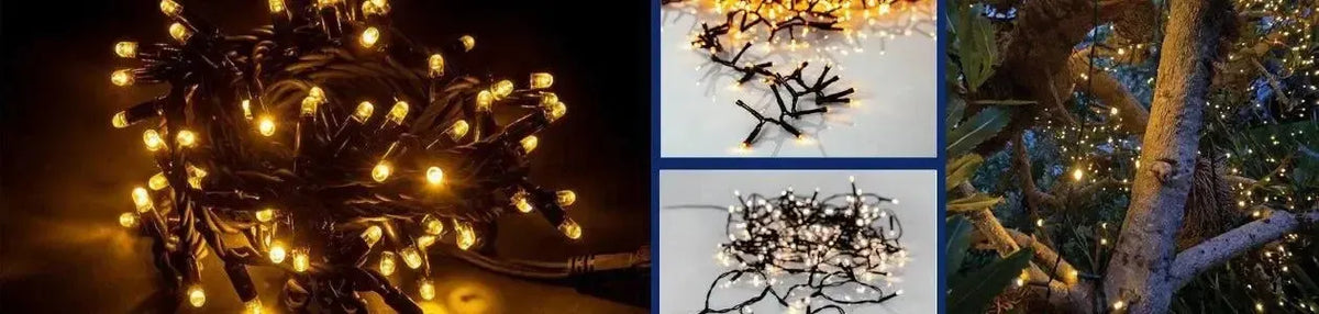 Warm white LED fairy lights on dark green cables wrapped around a tree trunk and coiled for display