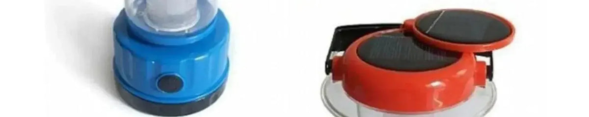 Blue and red portable solar camping lanterns with black carry handles and circular solar panels on top