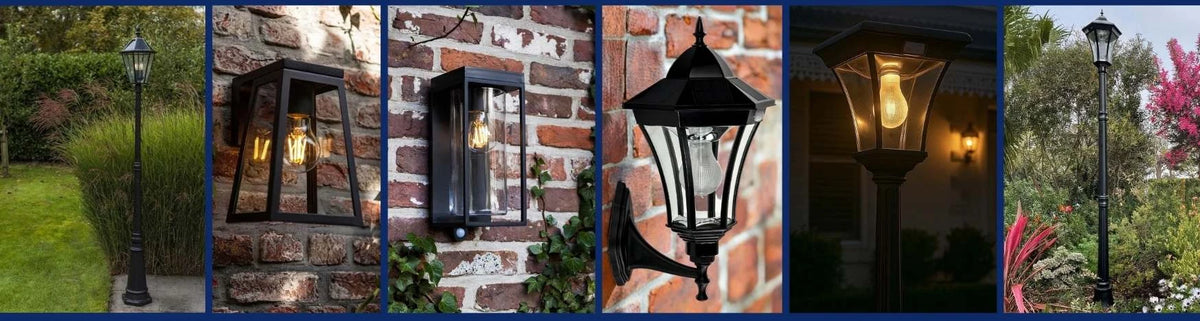 Black metal solar coach lights featuring glass lanterns mounted on brick walls and garden posts in outdoor settings