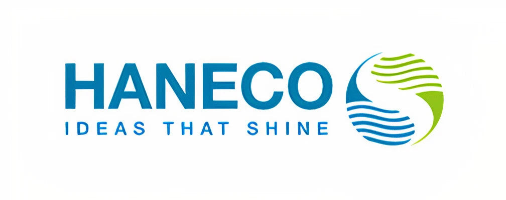 Haneco Lighting logo featuring blue text and a circular icon with blue and green wavy lines on a white background