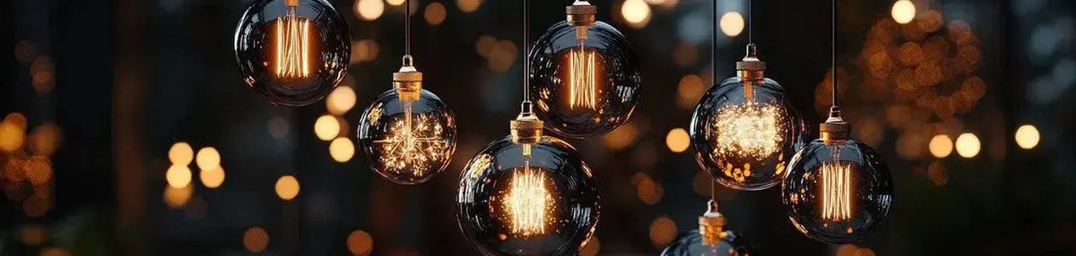 Smoky grey glass filament globes hanging in a cluster with warm glowing internal wires against a blurred bokeh background