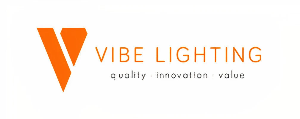 Vibe Lighting brand logo featuring a bold orange triangular icon and text on a clean white background