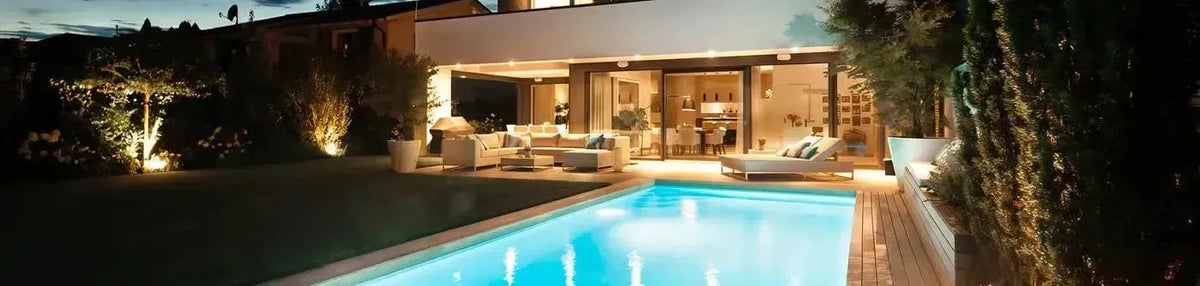 Warm recessed downlights illuminate a modern outdoor patio and swimming pool area at dusk