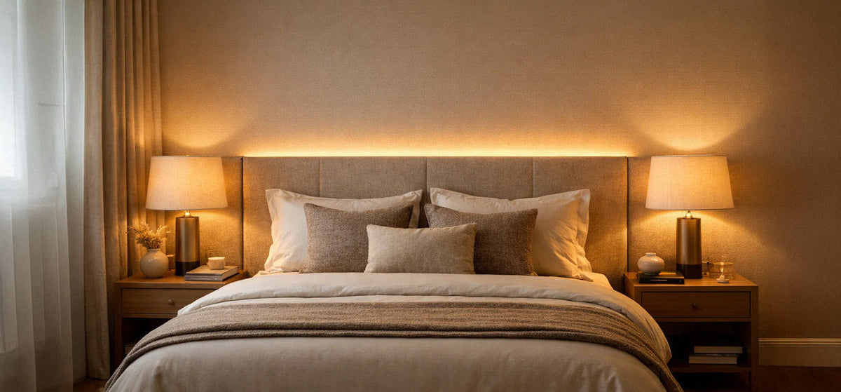 Warm brass table lamps with fabric shades flanking a bed with soft hidden LED strip lighting in a neutral bedroom
