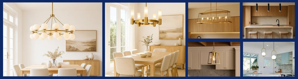 Brass pendant lights with brushed gold finishes, frosted glass globes, and lantern styles installed in modern dining rooms