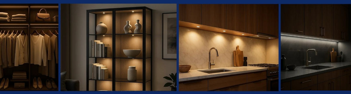 Warm recessed and strip cabinet lights illuminating a modern wardrobe, glass display shelving, and kitchen benchtops