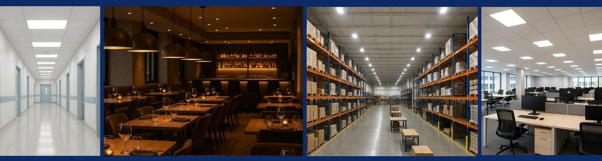 Square LED panels installed in a hospital corridor, warm restaurant pendant lights, warehouse high bay lighting and office ceilings