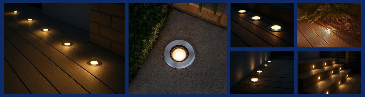 Round silver recessed deck lights with a warm glow installed in timber decking and concrete paths