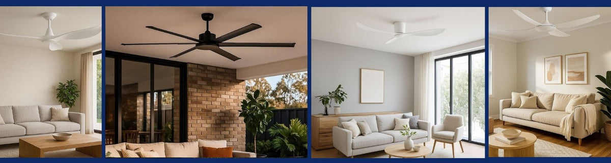 Modern ceiling fans in matte black and white finishes featuring sleek curved blades installed in contemporary living rooms