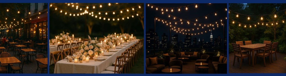 Warm glowing festoon lights suspended over outdoor dining settings and a city rooftop terrace at night