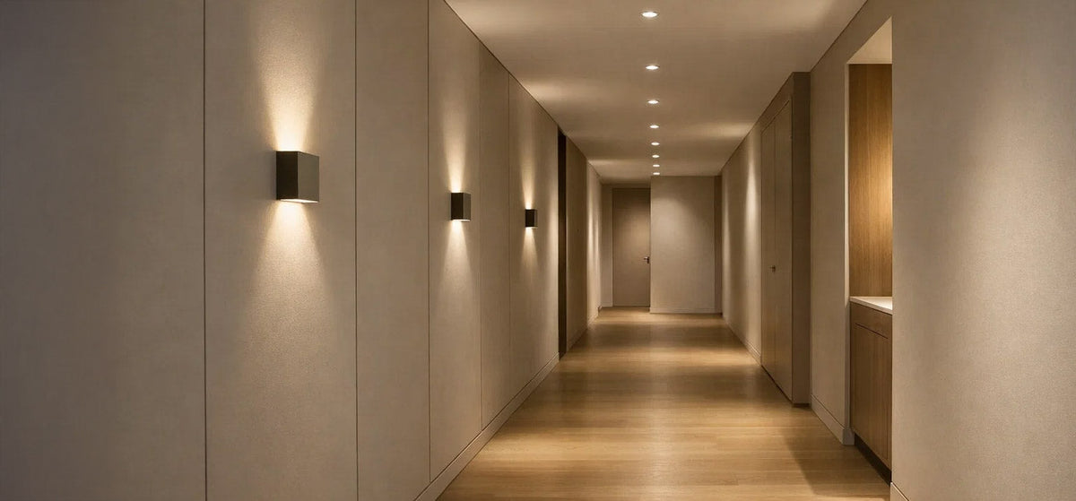 Minimalist square wall lights in a dark grey finish mounted along a neutral hallway with timber flooring