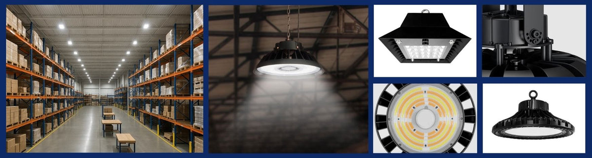 Black circular and square high bay lights with chain mounts installed in a warehouse with tall storage racking