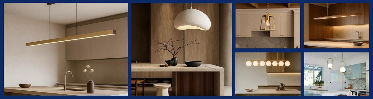 Modern kitchen island pendants featuring brass, matte white, and timber finishes in linear, dome, and globe styles