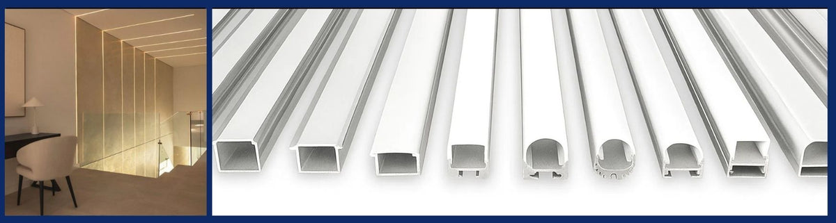 White and silver aluminium extrusions in various profiles shown alongside a modern interior wall installation
