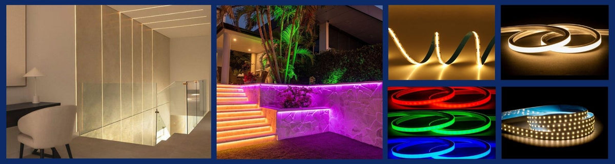 Flexible COB LED strips installed in staircases and garden walls with vibrant colour changing light effects