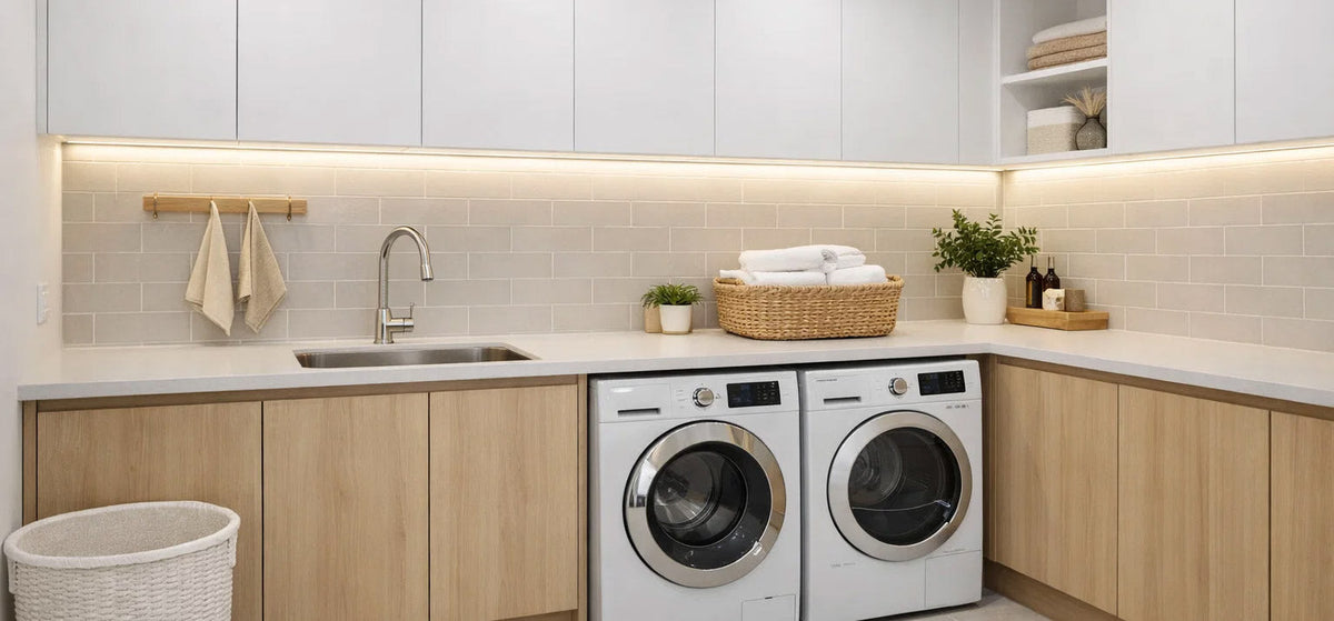 Warm LED strip lighting under white cabinets above a laundry bench with timber cupboards and a tiled splashback