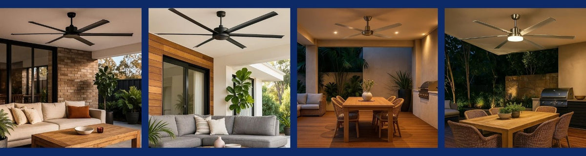 Modern matte black and brushed metal ceiling fans installed on covered outdoor timber decks and patios