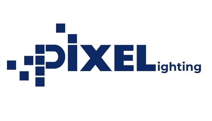 Dark blue Pixel Lighting brand logo featuring a stylised letter P formed by small squares on a white background