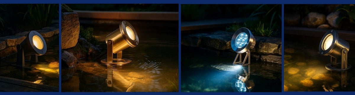 Round brass and silver adjustable spotlights mounted on stands illuminating a garden pond at night