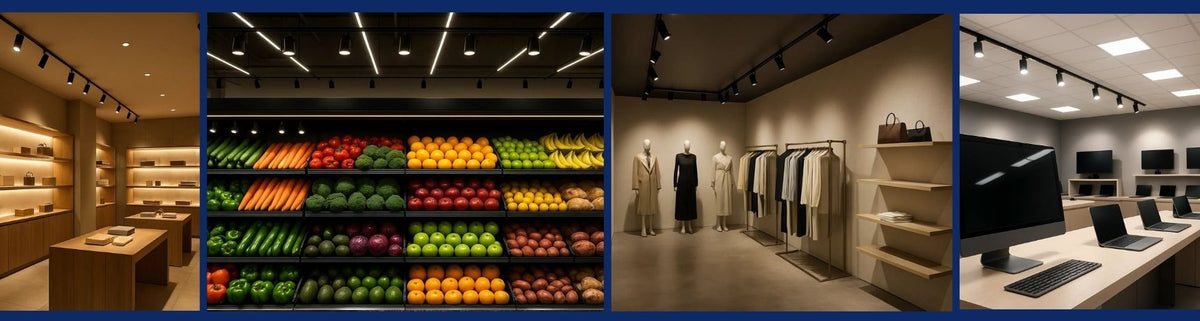 Black track lights mounted on ceilings in retail shops, grocery aisles, and modern office workspaces