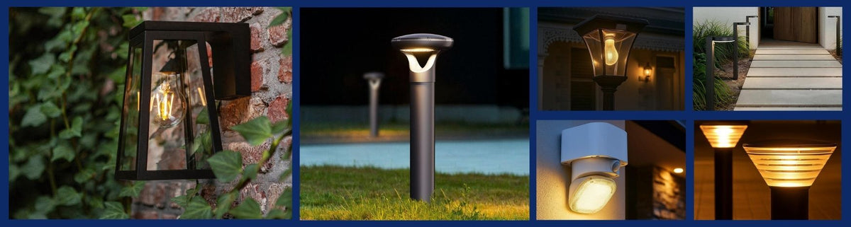 Black and white solar sensor lights in modern and traditional styles mounted on brick walls and garden paths