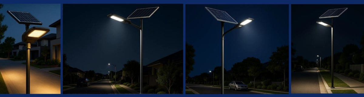 Modern black pole mounted solar street lights illuminating a suburban residential street at night