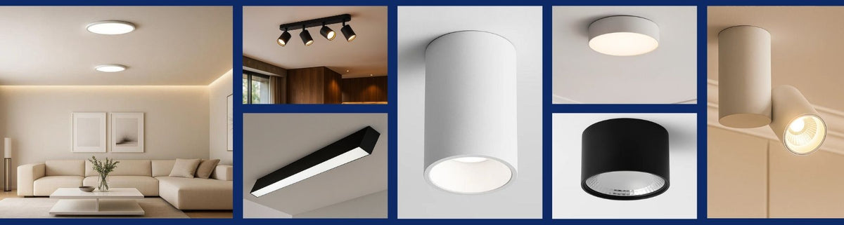 Modern black and white cylindrical and linear surface mounted lights installed on ceilings in minimalist home interiors