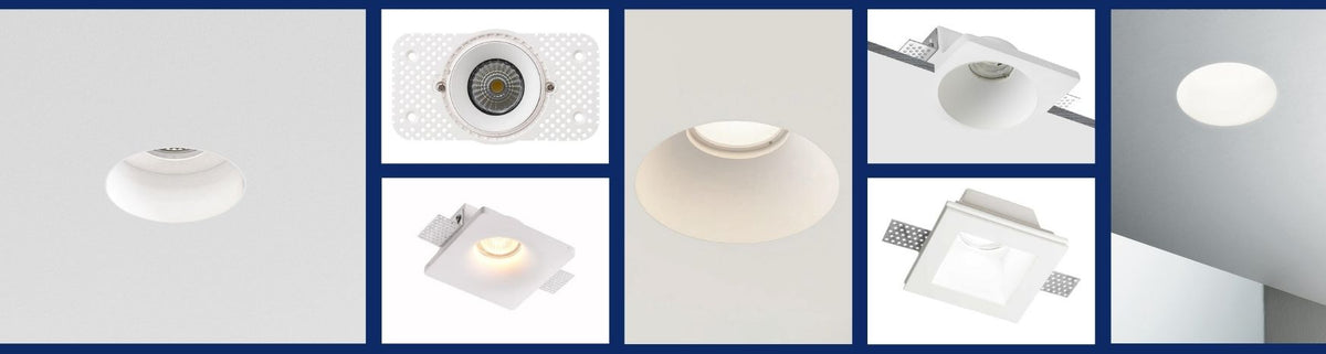 White round and square trimless downlights with recessed mounting plates installed in a smooth plaster ceiling