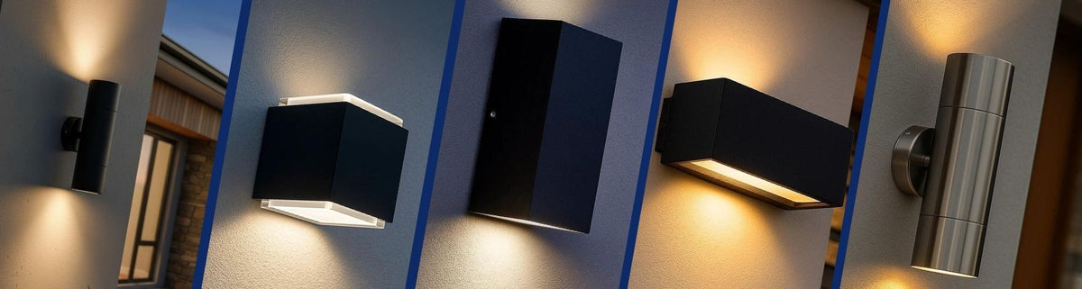 Black and brushed metal rectangular and cylindrical wall lights mounted on exterior rendered walls