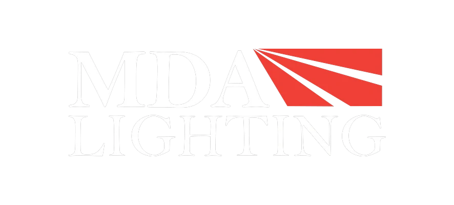 MDA Lighting brand logo in white lettering with a red fanned ray motif on a navy background