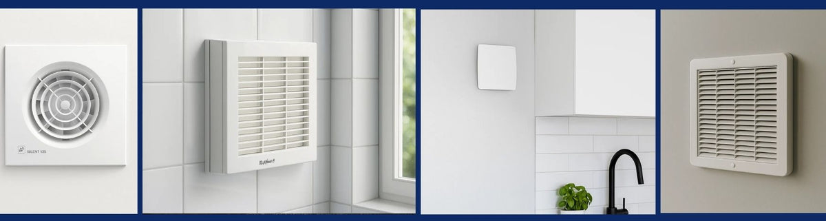 White square wall exhaust fans with slatted and circular grille designs mounted on tiled and plain interior walls