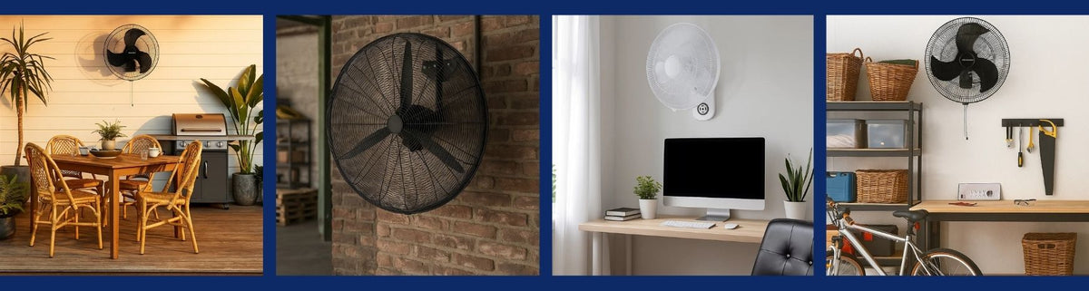 Black and white wall fans mounted in industrial, home office, and outdoor patio settings with wire cage designs