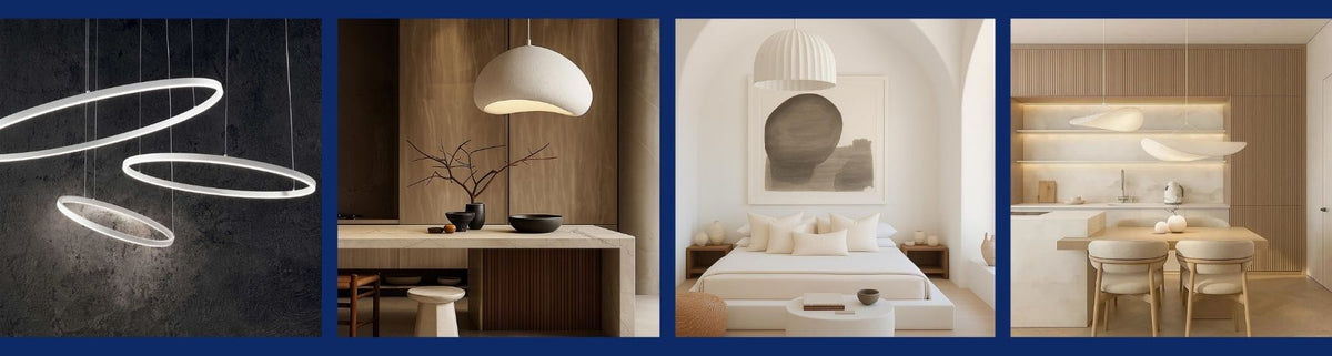 Modern white pendant lights in various shapes and textures displayed in contemporary kitchen and bedroom interiors